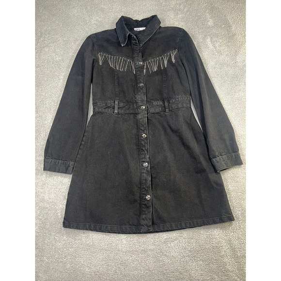 Zara Dresses & Skirts - Zara Black Denim Mini Dress Rhinestone Fringe Western Cowgirl Button Front M